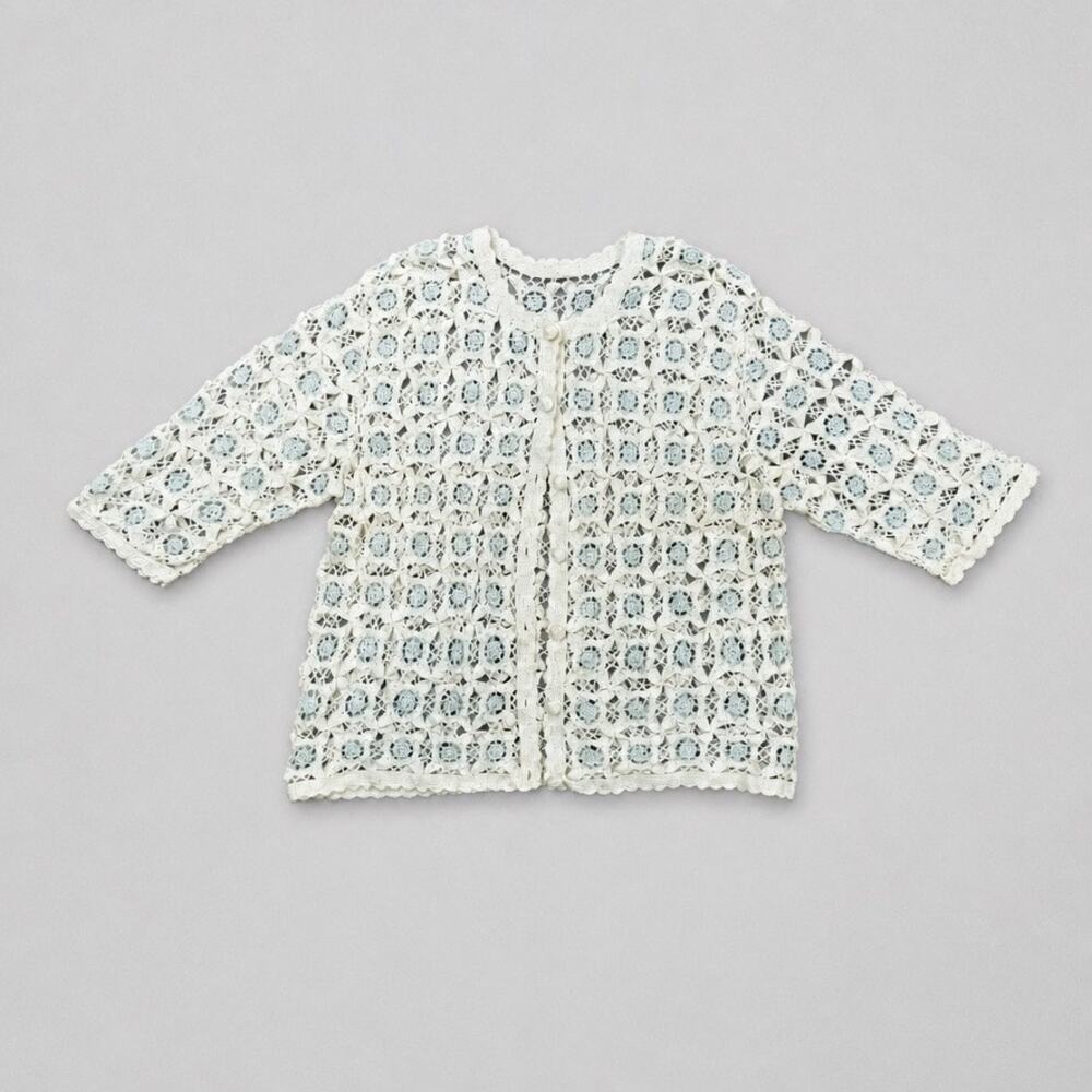 Cream Dusty Blue Granny Square Button Front Crochet Cardigan Est M Coquette Boho